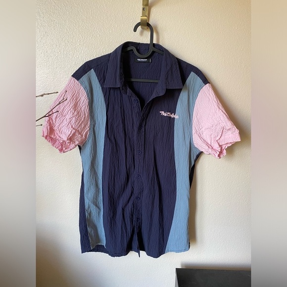 Pink + Dolphin Men’s Color Block Button Down Shirt Size L Vacation Retro Shirt - Picture 1 of 8